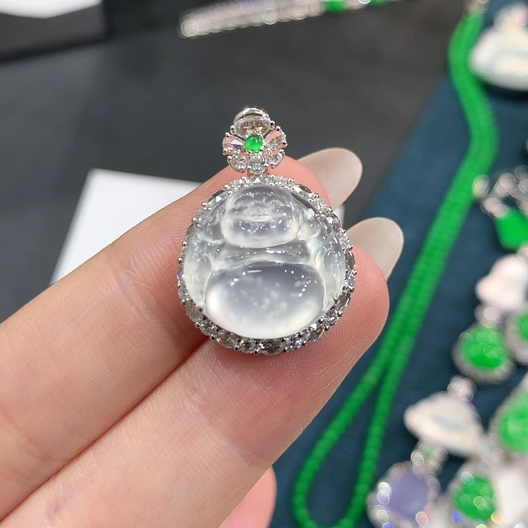 翡翠18K金镶嵌颈饰木那龙石种白刚佛公 48小时鉴赏期