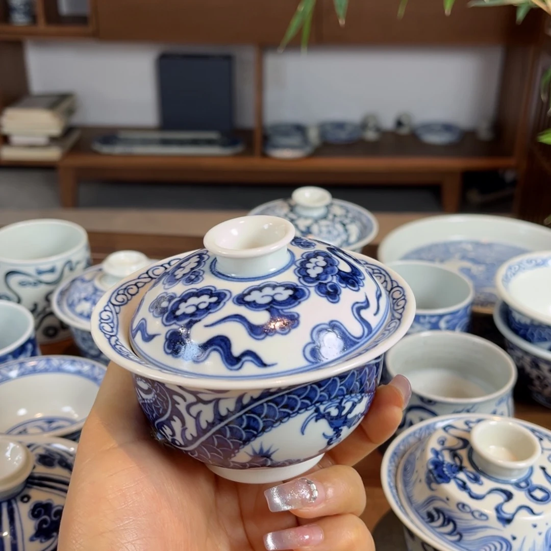 s**o青花龙纹盖碗全手绘原矿釉烧制微瑕