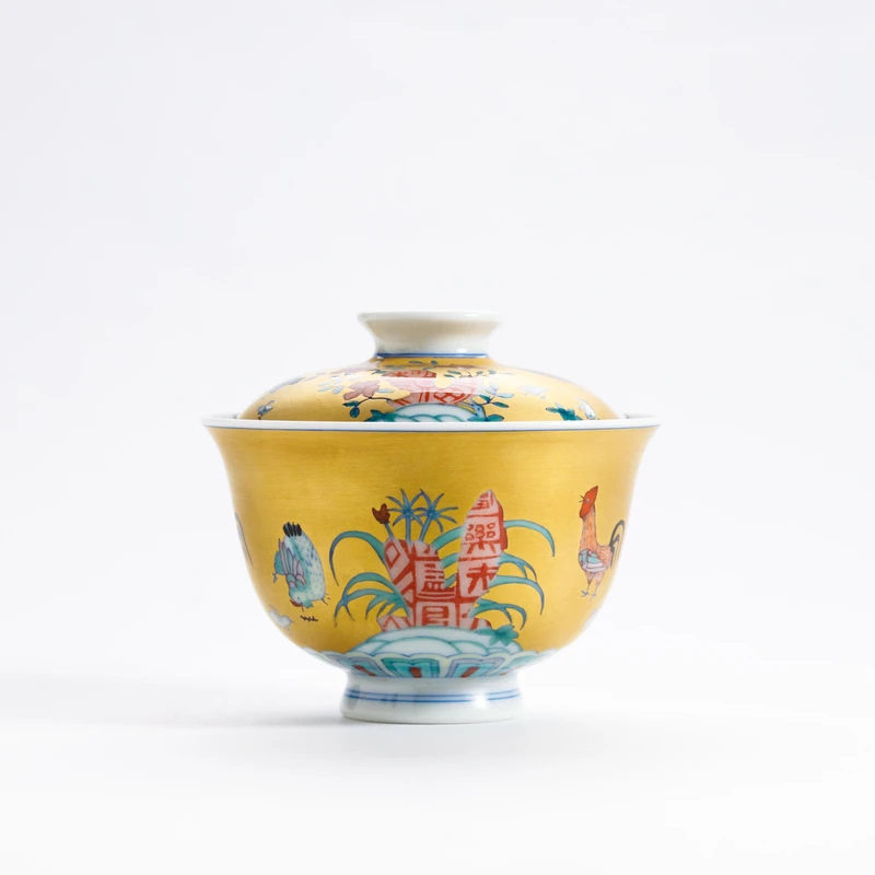 【詺兮清窑】台北·斗彩金地鸡缸小玉兰盖碗（拓片）