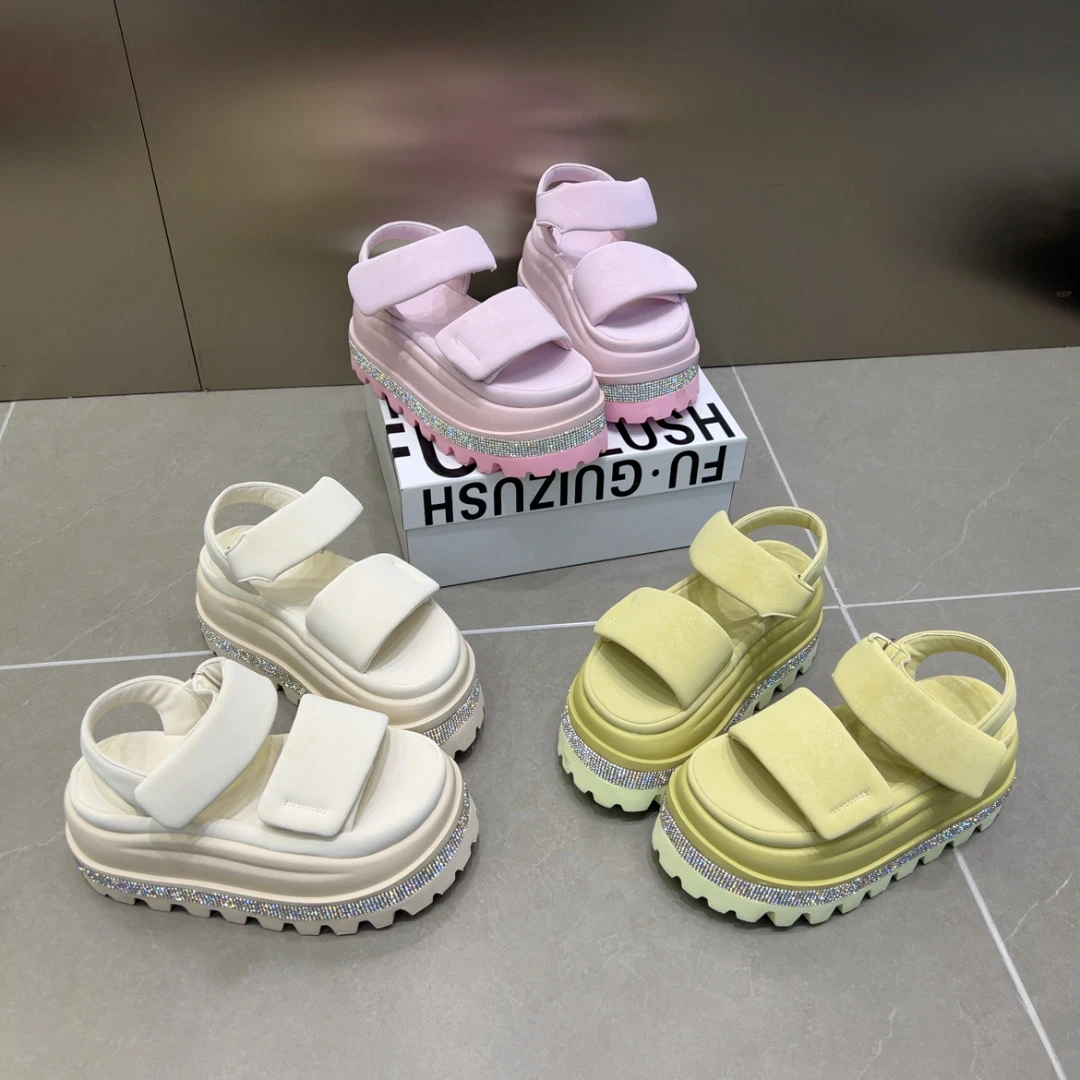 时尚夏季新款厚底魔术贴凉鞋休闲百搭露趾高跟松糕底外穿仙女风