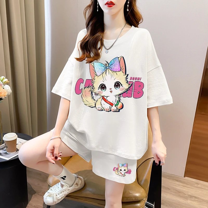 卡通纯棉短袖洋气短裤套装女夏季大码女装宽松时尚休闲运动两件套