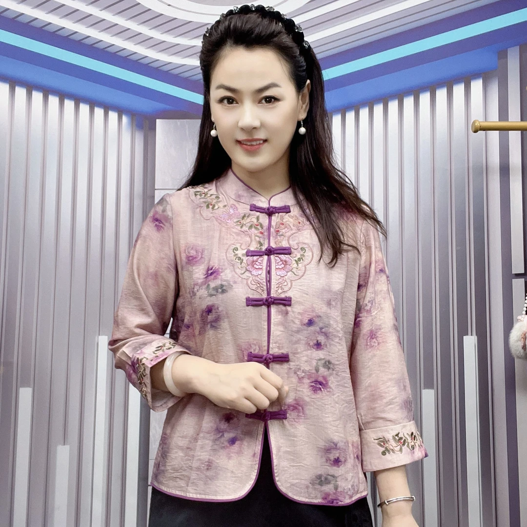 2025新款立领复古国风【紫藤花刺绣长袖衬衫】女款气质显瘦爆款上衣