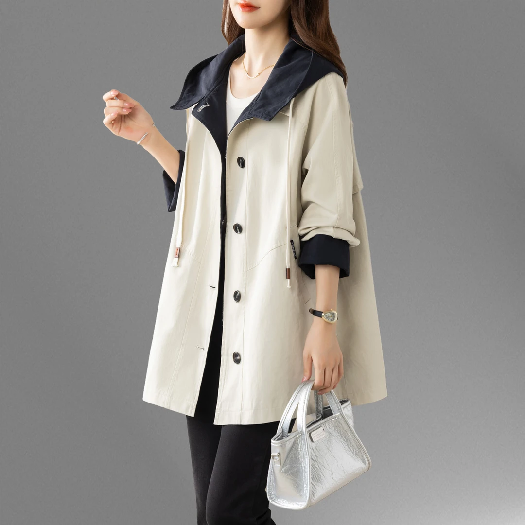 大码松弛感风衣女中长款2025春秋新韩系显瘦胖MM气质连帽大衣外套
