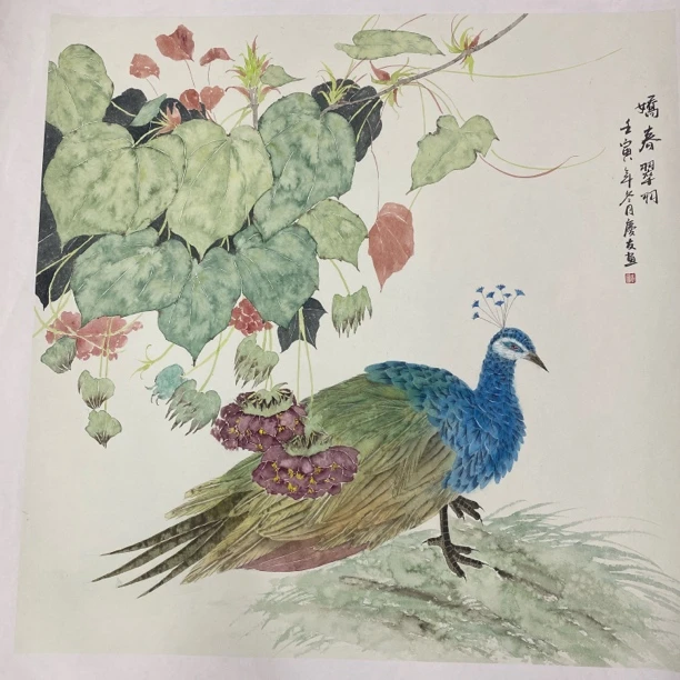 李老师四尺斗方孔雀