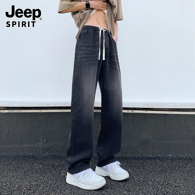 Jeepspirit吉普2025秋季大码男士水洗高街直筒拖地牛仔裤百搭潮流