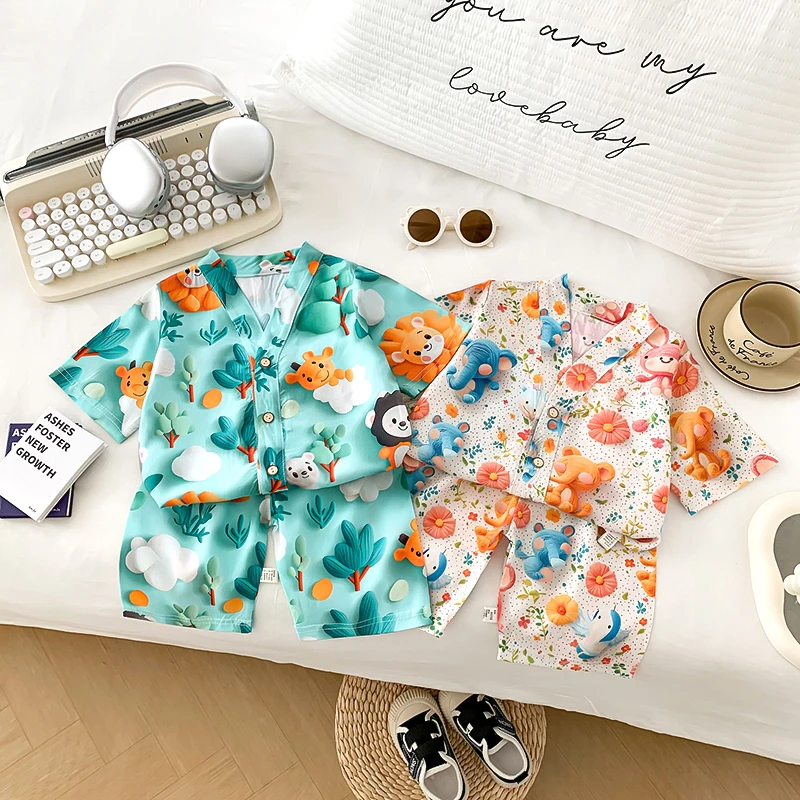 儿童棉绸套装夏季薄款男女宝宝分体两件套3D中小童家居睡衣空调服