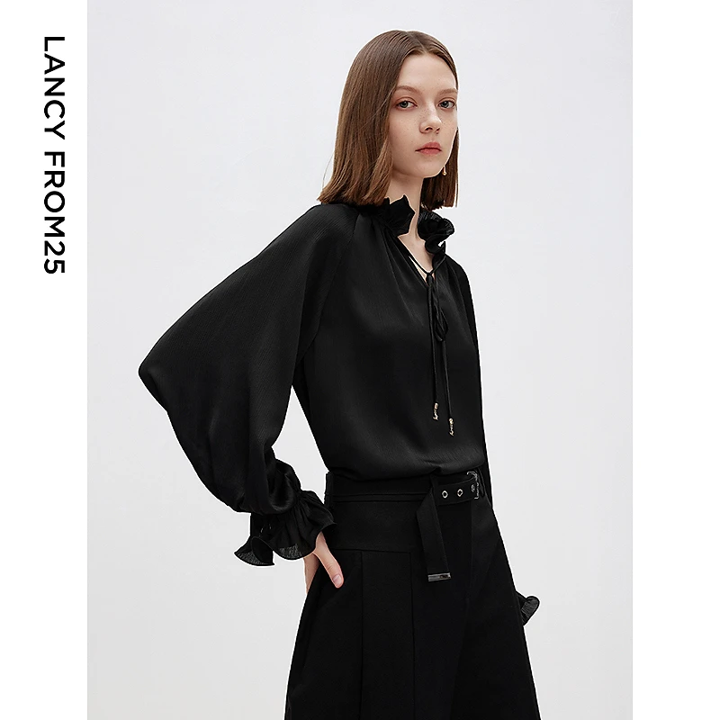 朗姿法式复古高级感设计感木耳边v领立领泡泡袖衬衫2025年春新款
