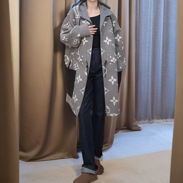 未使用 LouisVuitton/路易威登 满印翻领长袖长款大衣 灰色/40