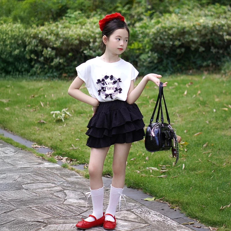 小女孩洋气韩范衣服2025新款女童夏季薄款短袖儿童黑色蛋糕裙套装