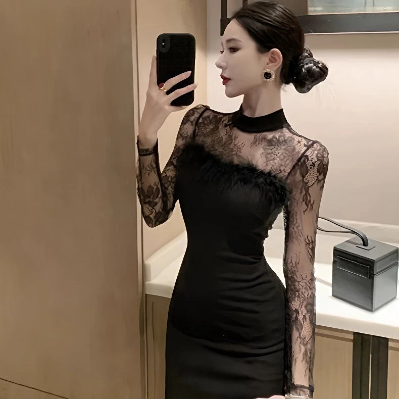 黑色宴会轻礼服赫本风气质修身正式场合蕾丝性感包臀连衣裙女