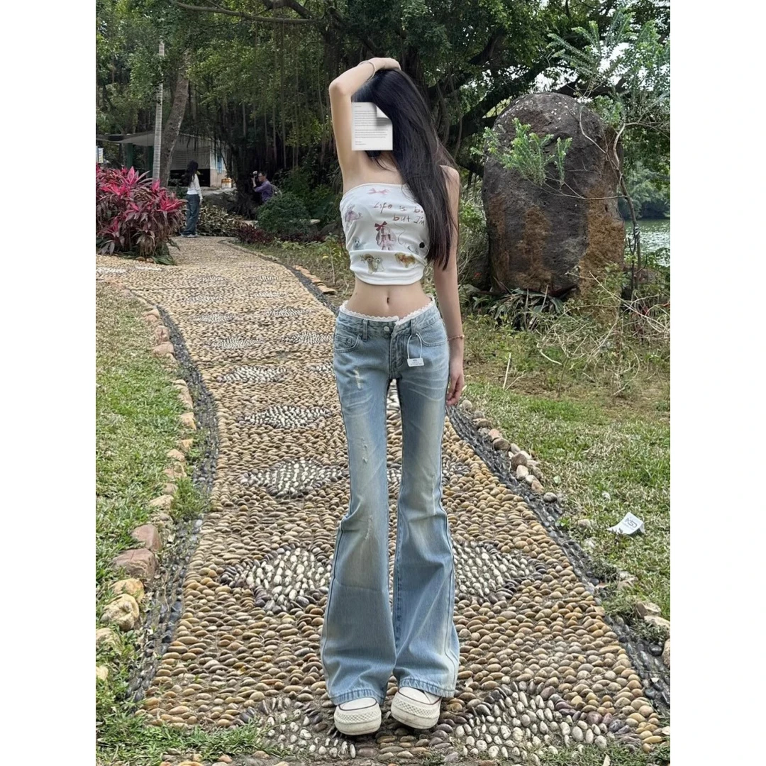 美式辣妹低腰浅色微喇牛仔裤女蕾丝拼接设计感修身显瘦拖地长裤子