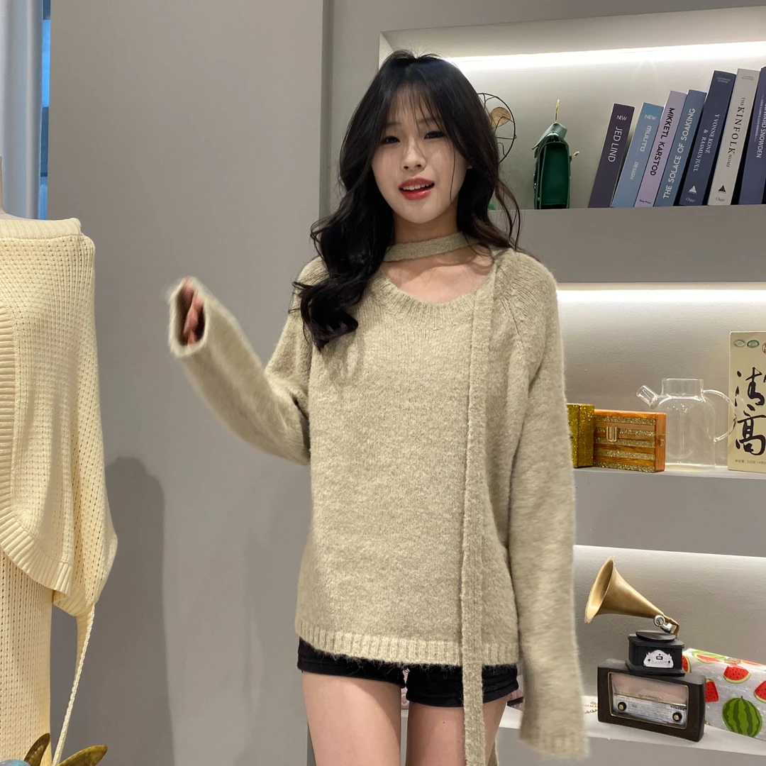 蝴蝶结绑带小圆领春款针织慵懒风羊毛衫宽松百搭针织韩版