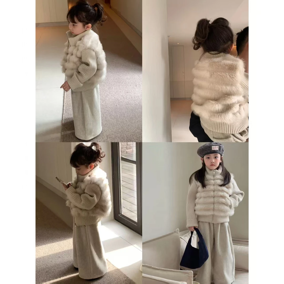 蜜糖花生原版大小姐矜贵感年货燕麦色皮草+燕麦色羊绒裤25362童装