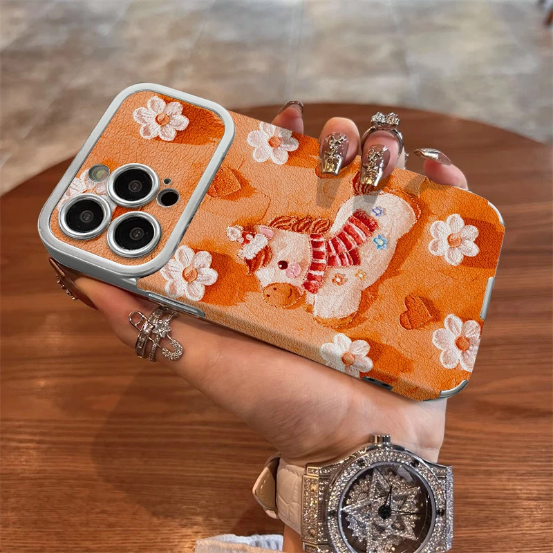 油画小马适用于苹果17vivo华为oppo小米iPhone16大视窗贴皮手机壳