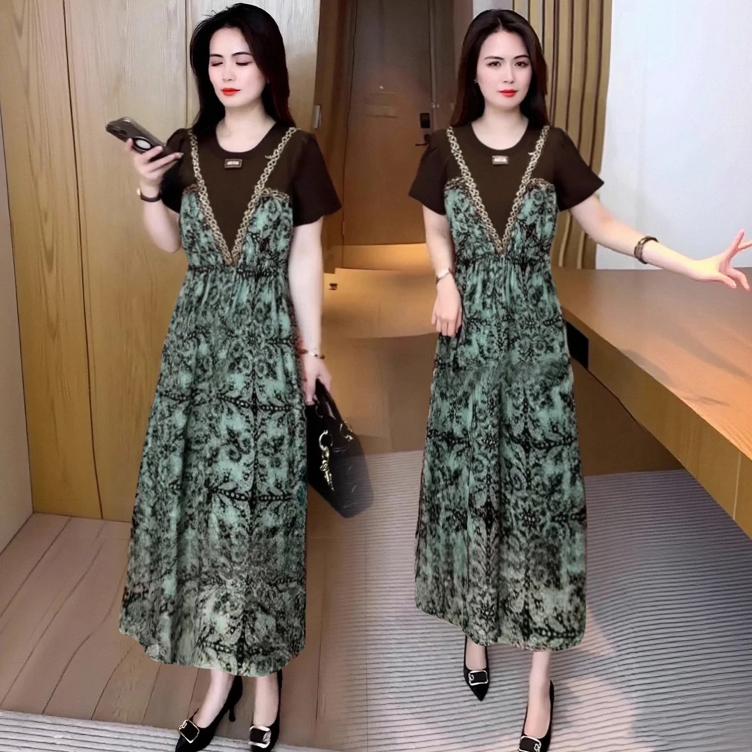 A【有里布】夏季轻奢碎花拼接时尚减龄短袖宽松显瘦潮流连衣裙D2725