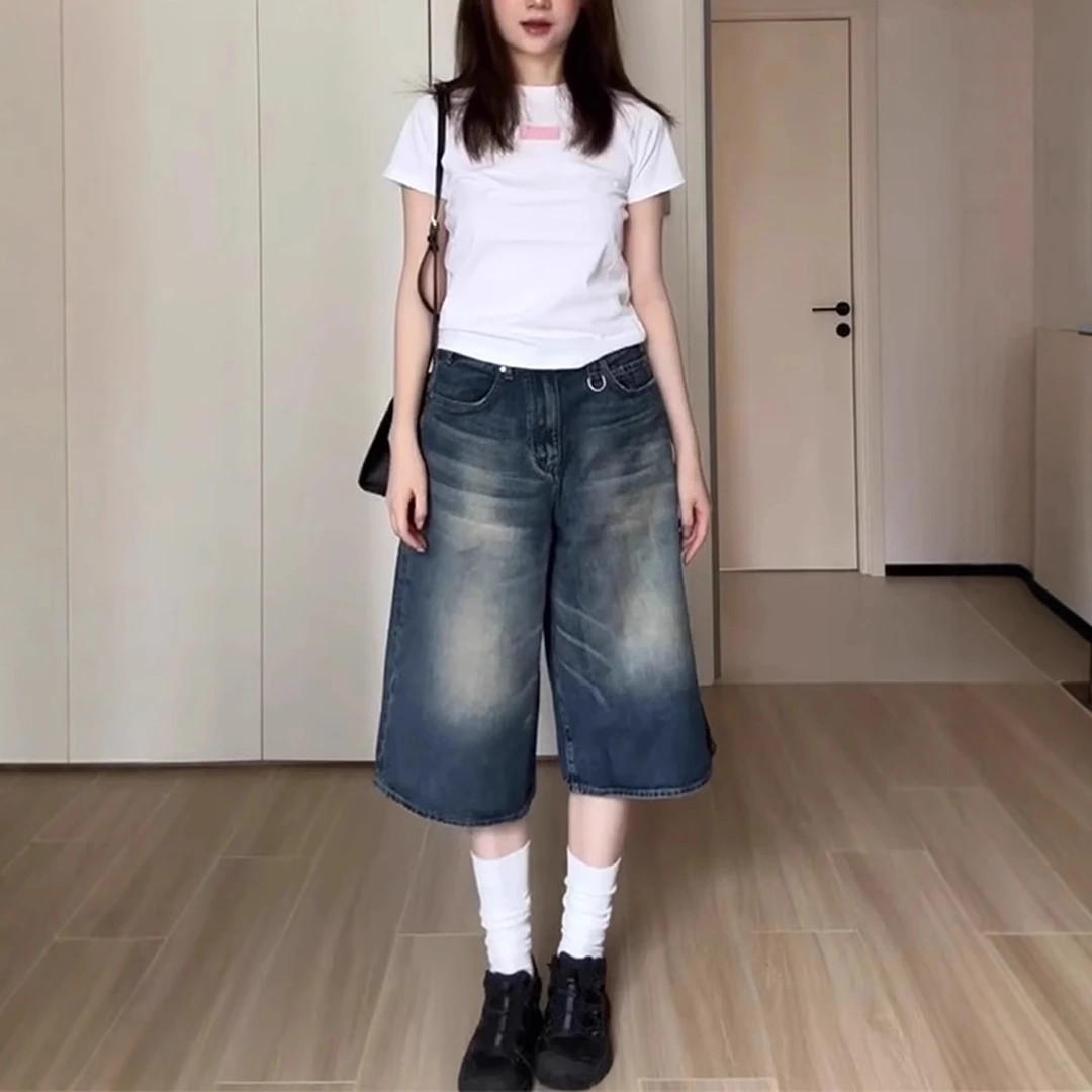 做旧水洗美式七分牛仔裤女夏季薄款梨形身材小个子显瘦百搭阔腿裤