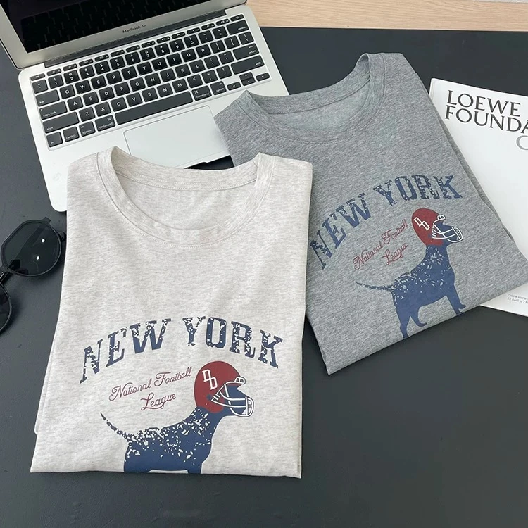 【机器狗】美式休闲薄款雪花棉短袖气质显瘦圆领T恤百搭印花上衣女