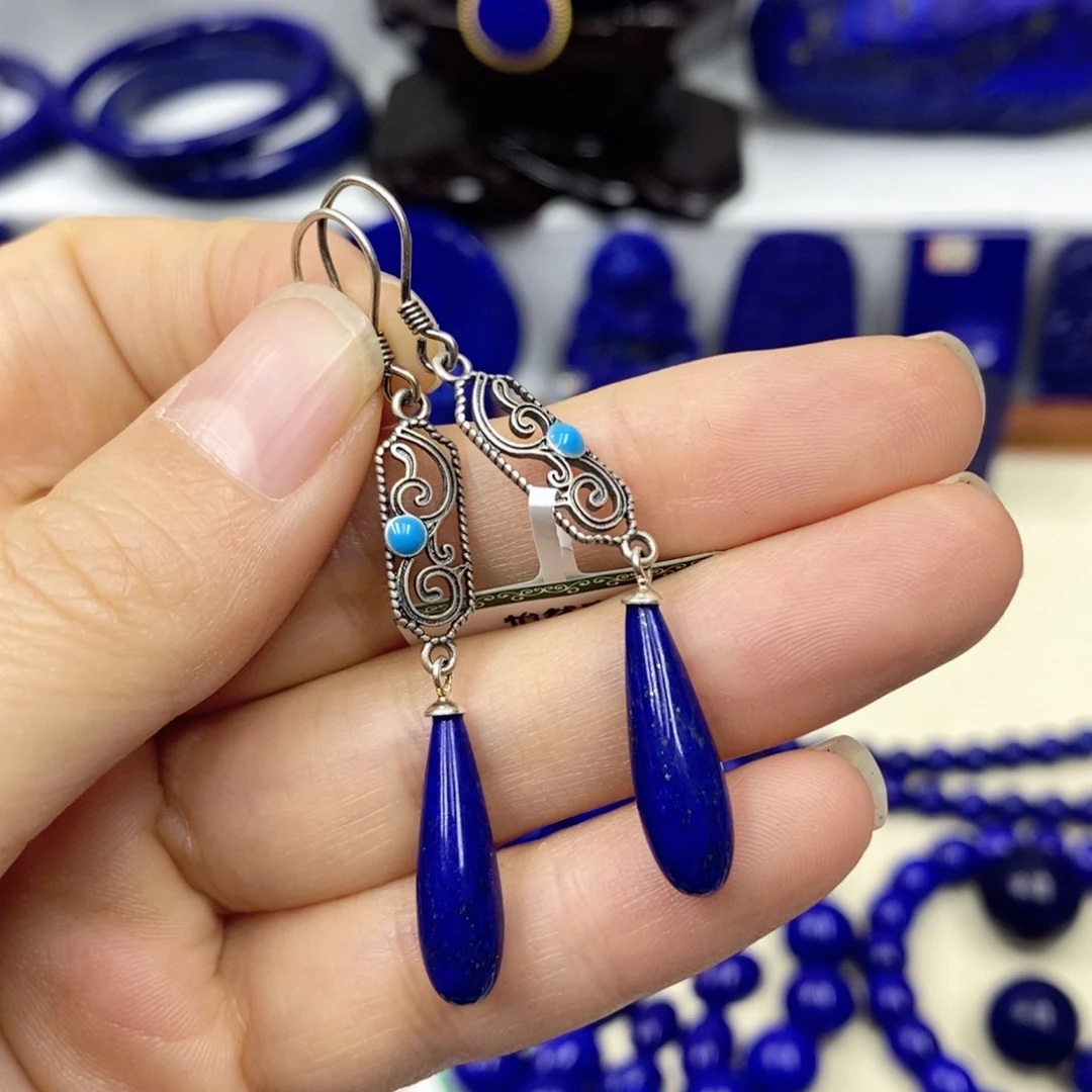 青金石耳饰银S925镶嵌