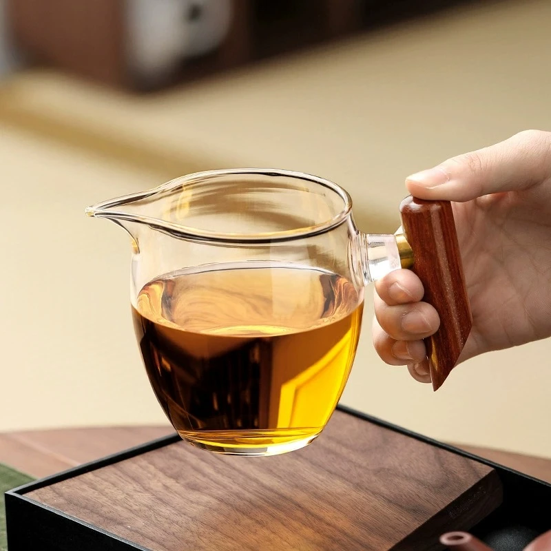 加厚耐热木把玻璃公道杯功夫茶过滤分茶器茶漏一体日式茶具零配件