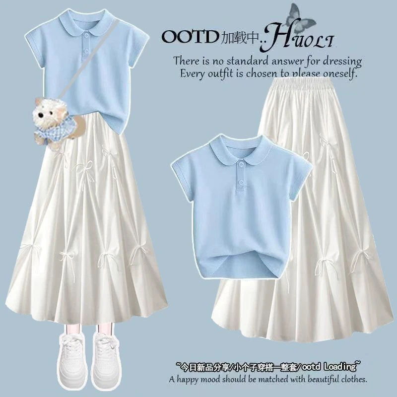 女大童半身裙夏季新款初中生高中生少女学院风蝴蝶结蛋糕裙中长裙