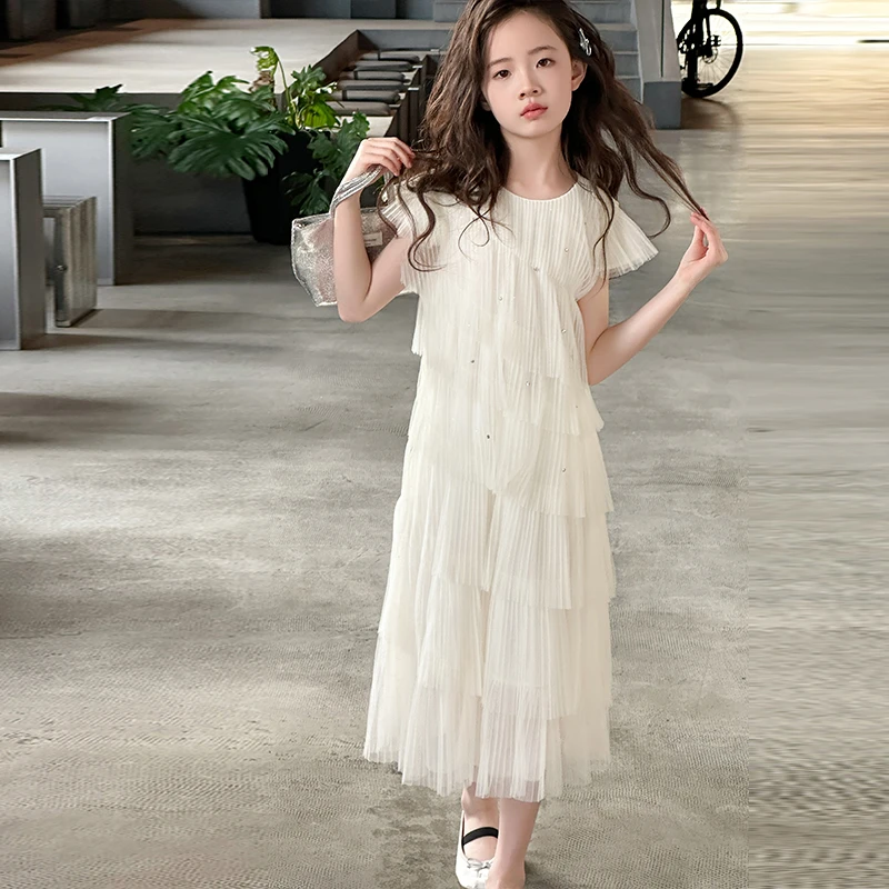 女童夏季裙子夏季蛋糕裙儿童洋气飞袖公主裙小女孩钉钻网纱连衣裙