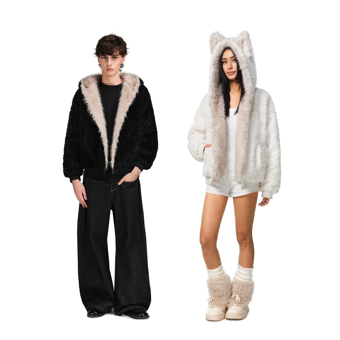 FDR旗舰店 羊羔绒毛领加厚连帽上衣男美式复古猫耳朵座山雕外套女