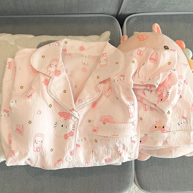 云朵绵薄款长袖长裤卡通睡衣套装女2025春秋可爱学生两件套家居服