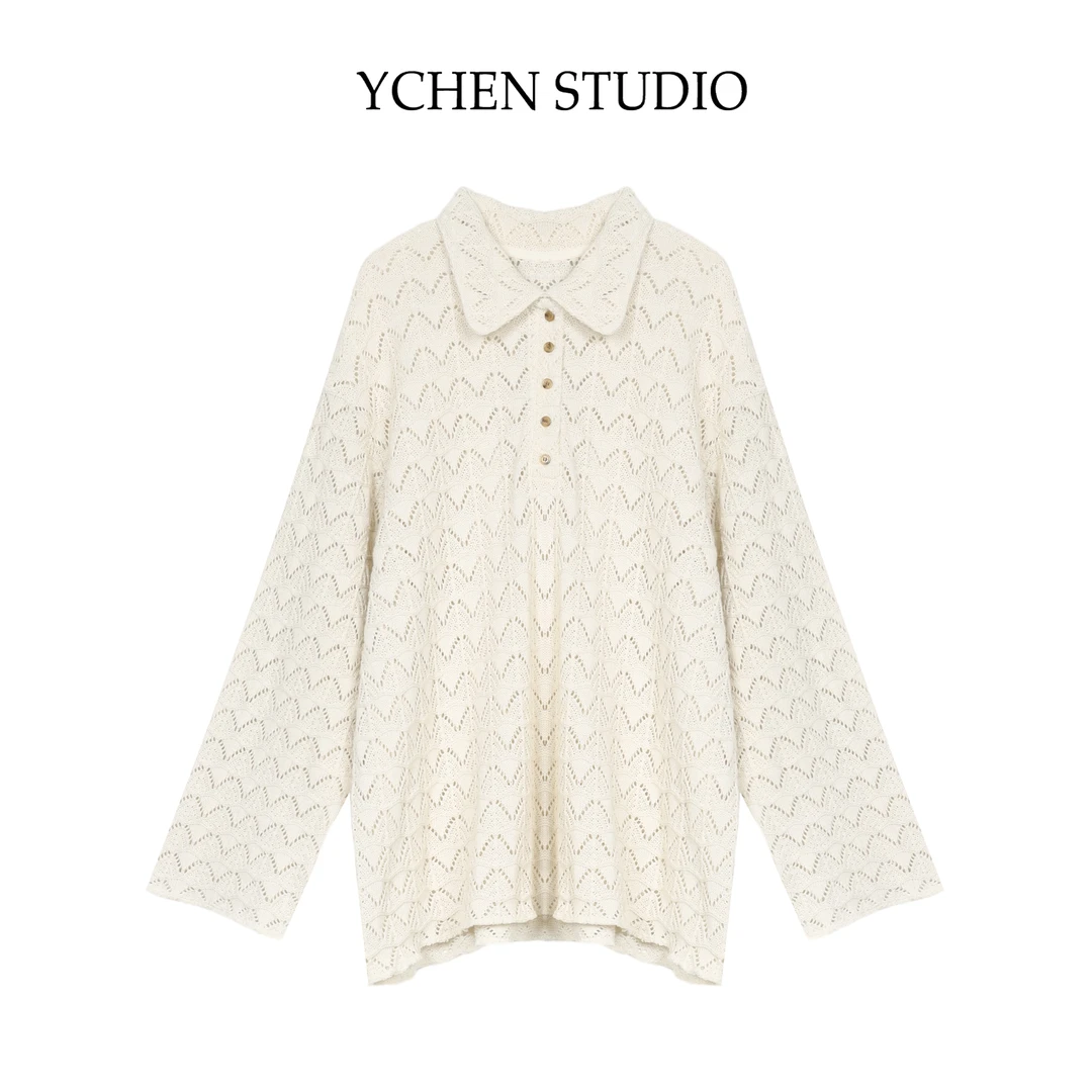 YCS【枫塘】早秋新款老钱风镂空肌理慵懒风针织衫翻领小衫JJ193S