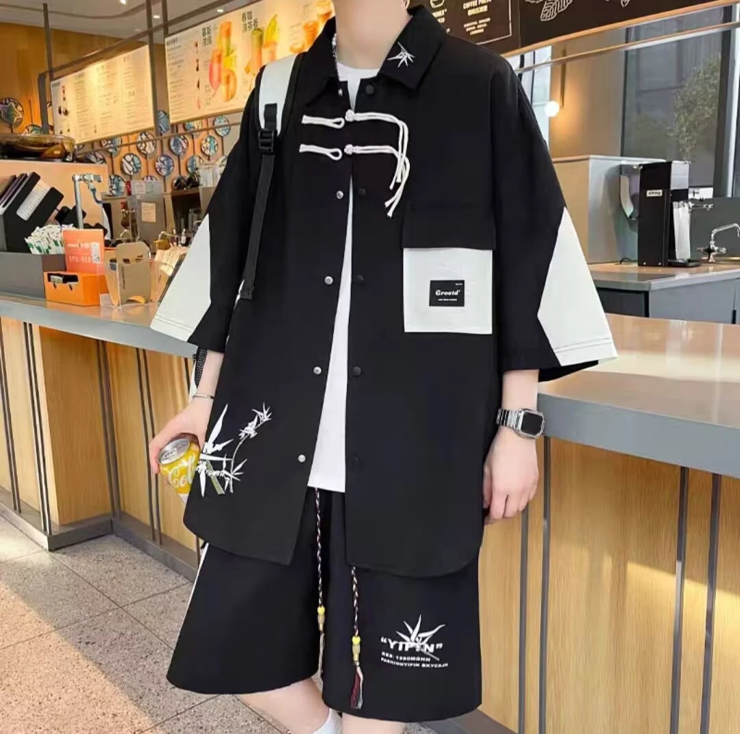 新中式国风短袖短裤套装男夏季潮牌休闲衬衫男穿搭一整套帅气衣服