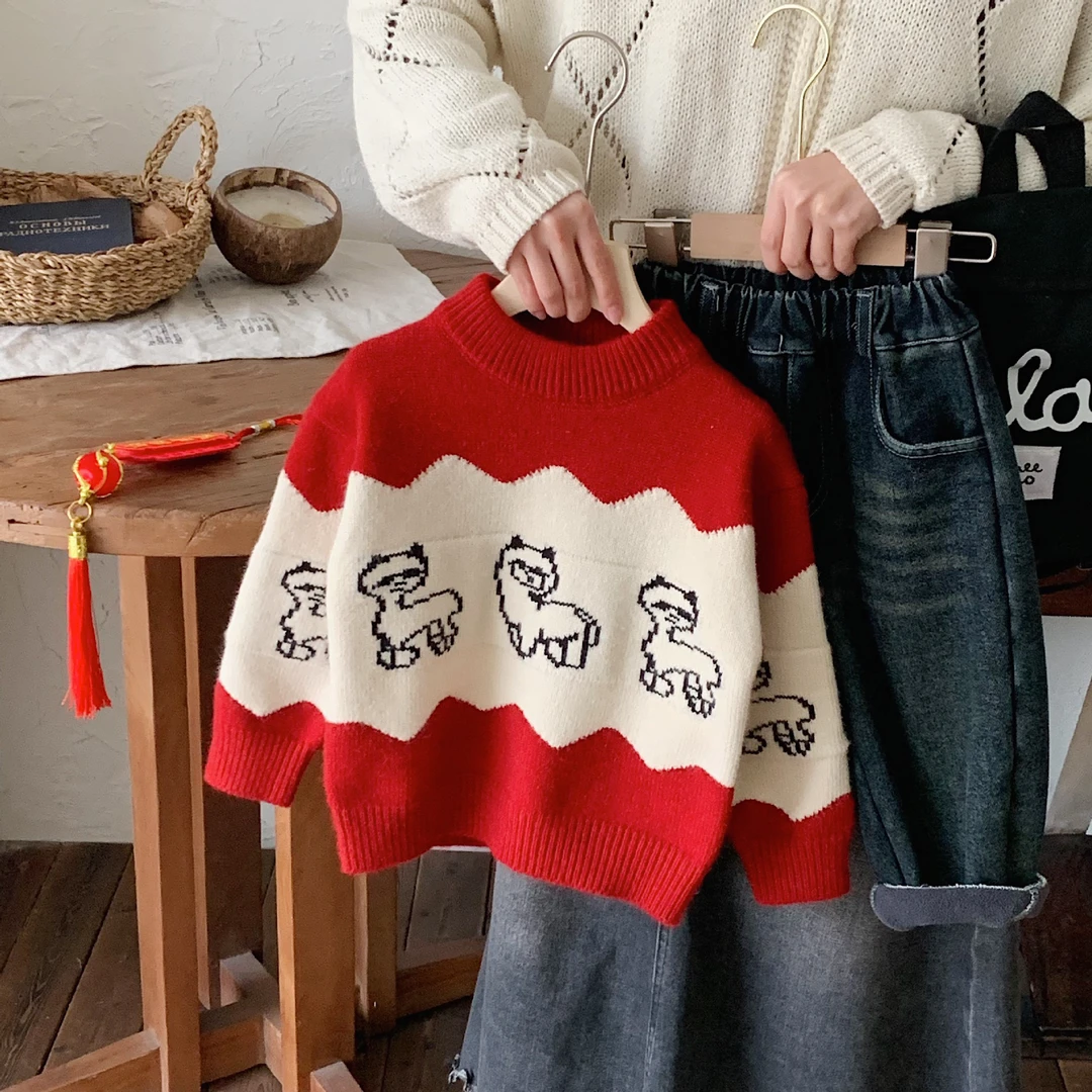 拉萨发货  男童女童秋冬可爱拼色小羊针织衫百搭洋气新年服毛衣潮