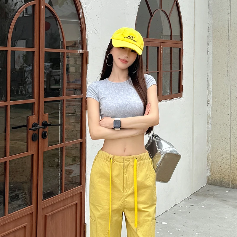 夏季灰色短袖设计感绑带性感显瘦t恤露背短款上衣女DMJ-S54359