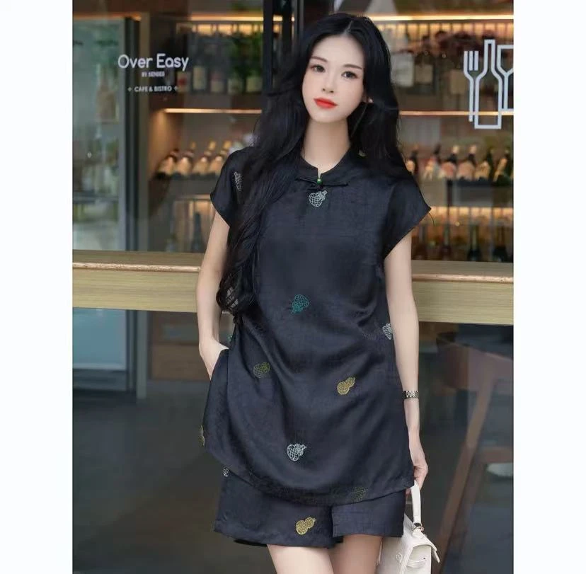 【现货】落流霞 新中式时尚套装显瘦黑色中国风夏季绣花气质刺绣