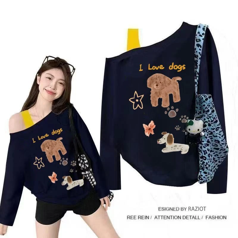 【AORSKK】斜领肩带穿搭长袖t恤女通勤休闲欧美风秋冬款宽松显瘦