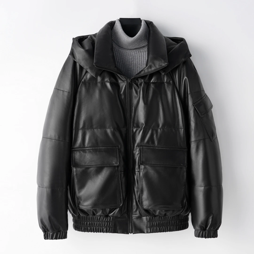 海宁头层绵羊皮真皮皮衣男士连帽款鹅绒服男士新款秋冬羽绒服外套