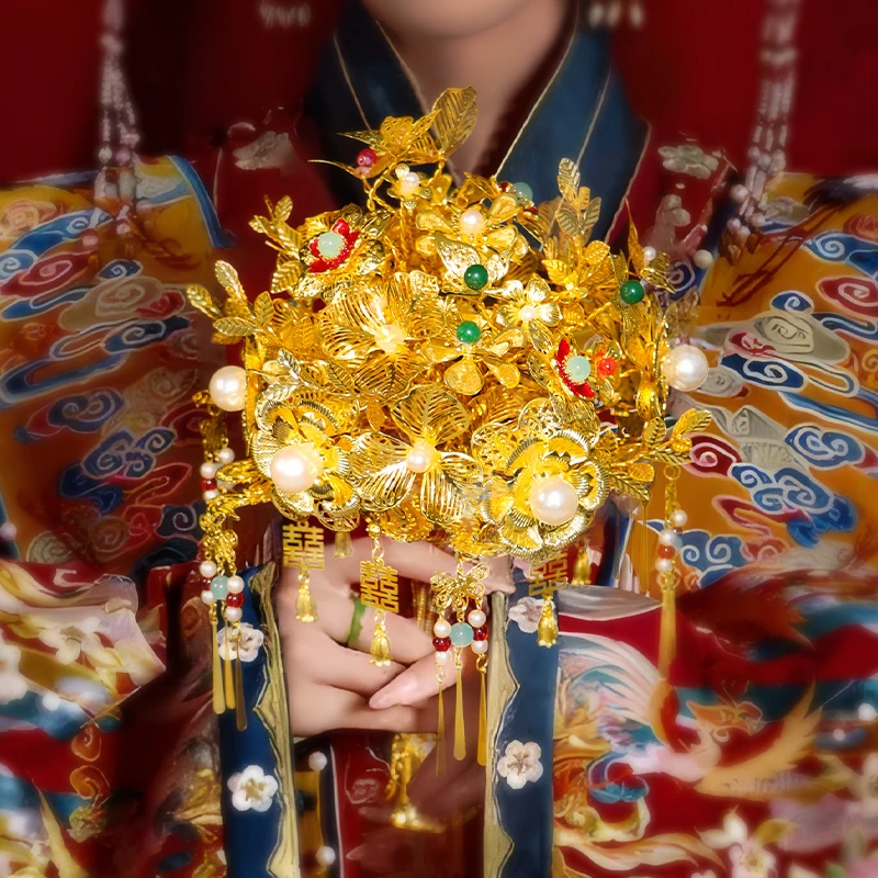 【尚宏原创】2025年新款点翠金色手捧花diy材料包中式闺蜜结婚礼物