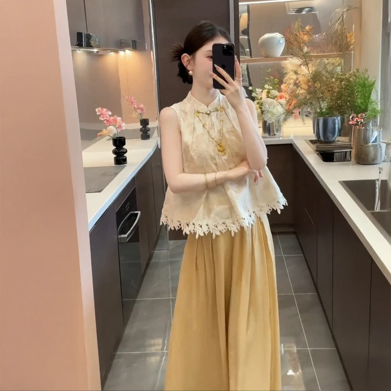 夏季新款高级感气质显瘦新中式国风上衣休闲阔腿裤时髦减龄两件套