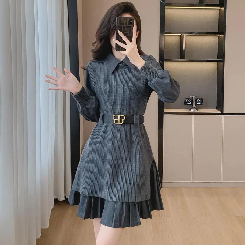 法式打底套装针织连衣裙秋冬季新款女装收腰显瘦赫本风气