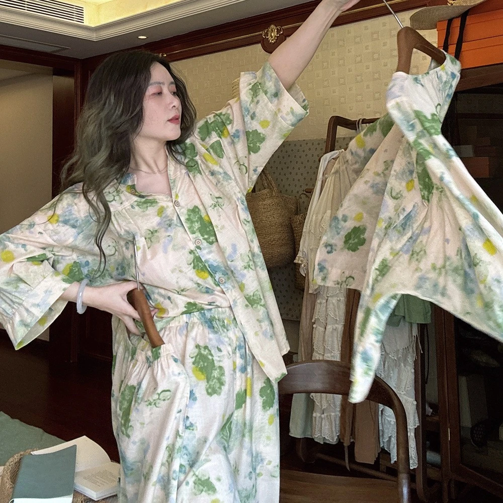 春秋田园风棉纱薄款睡衣女2025年新款宽松大码可外穿家居服套装女