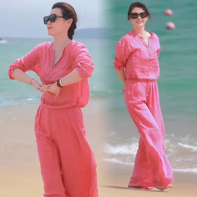 时尚休闲套装女2025春季新款洋气宽松显瘦衬衫垂感阔腿裤两件套潮