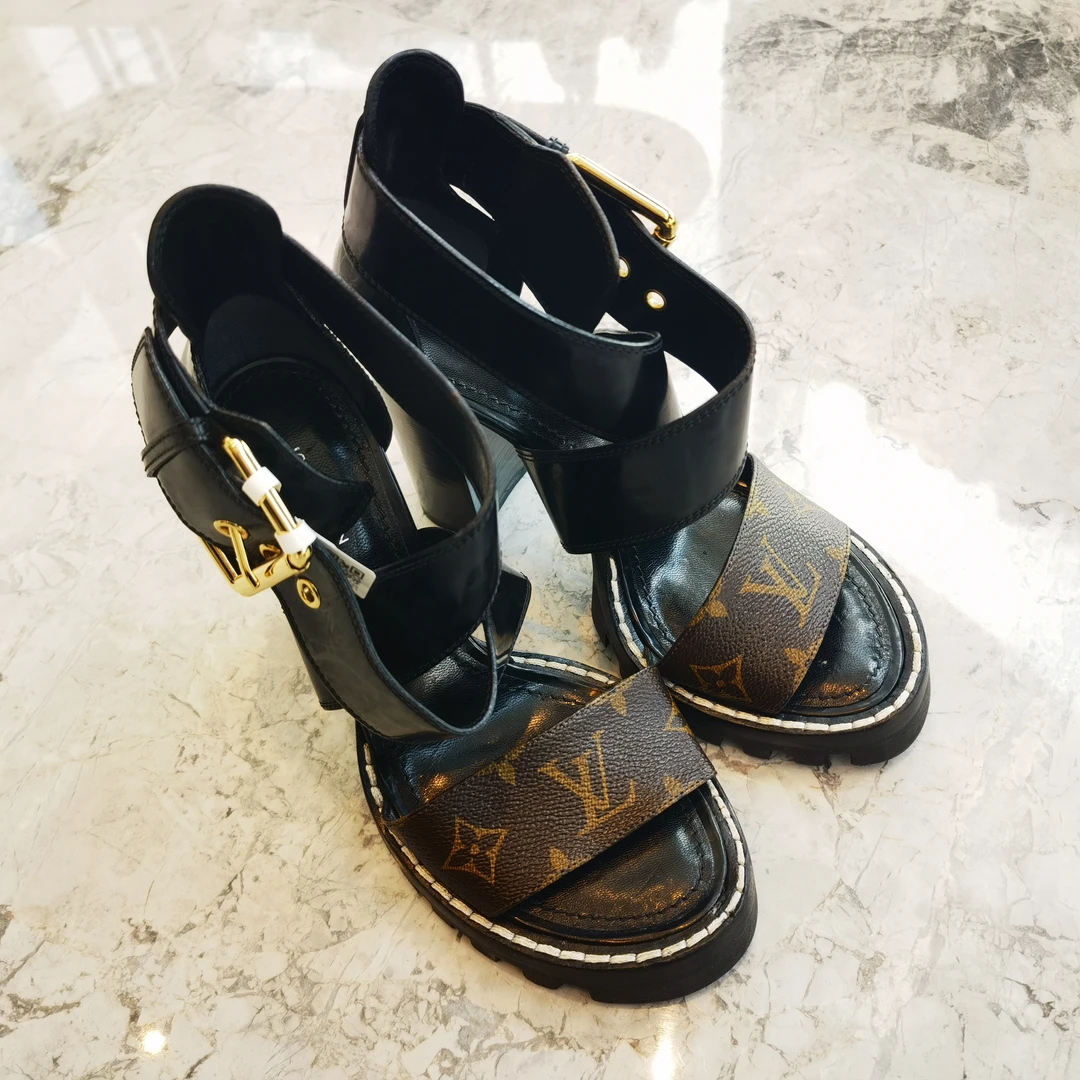 99新 LouisVuitton/路易威登 S146 一字带高跟 凉鞋 黑棕 35.5码