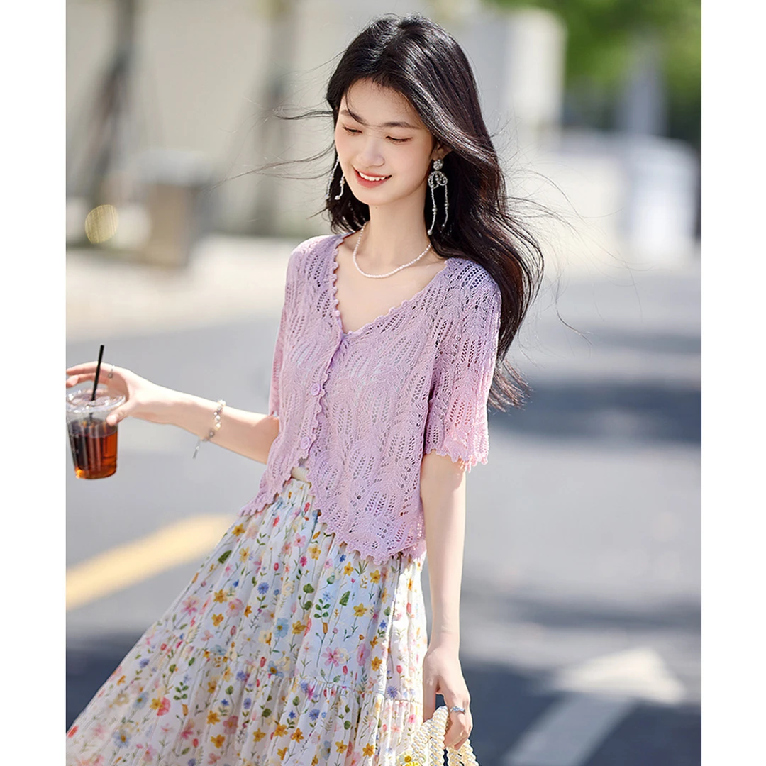 尚静街头风性感镂空V领短袖针织衫2025夏季新款时尚休闲气质百搭