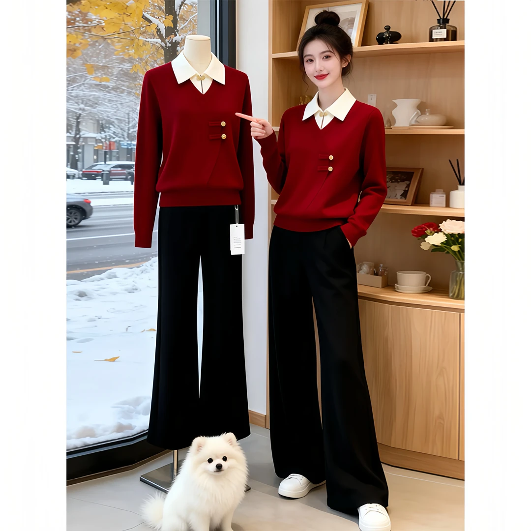 新年气质假两件针织衫秋冬女装2025冬季新款宽松百搭御姐上衣洋气