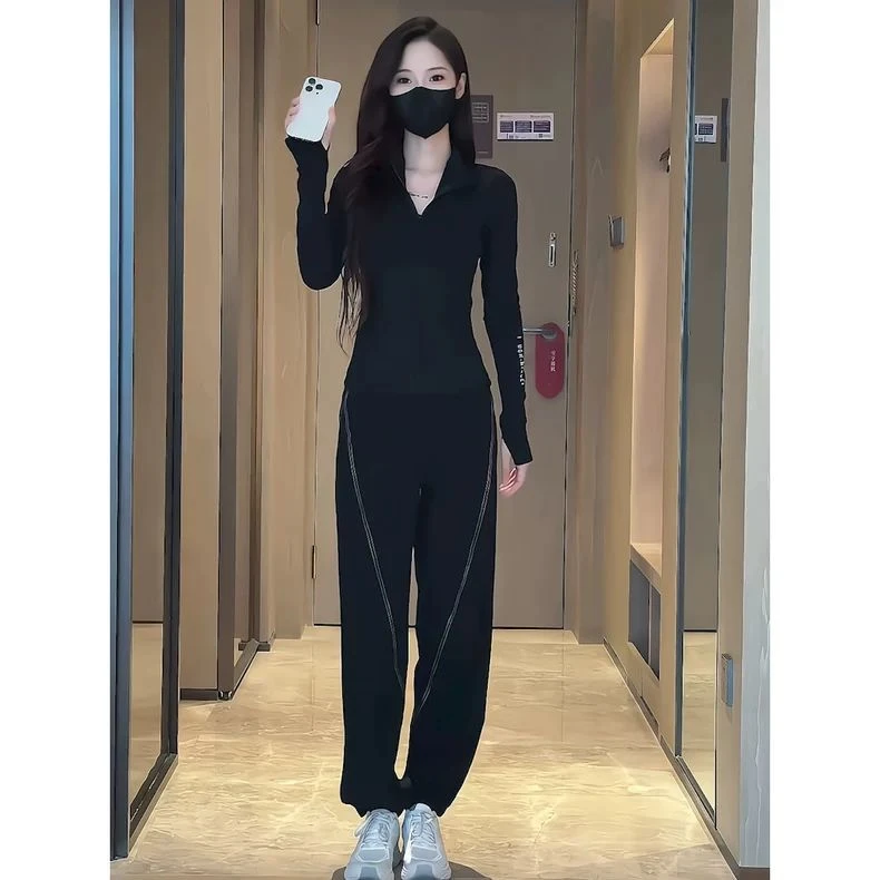 今年流行休闲时尚运动套装夏季款半开领修身长袖黑色上衣两件套女