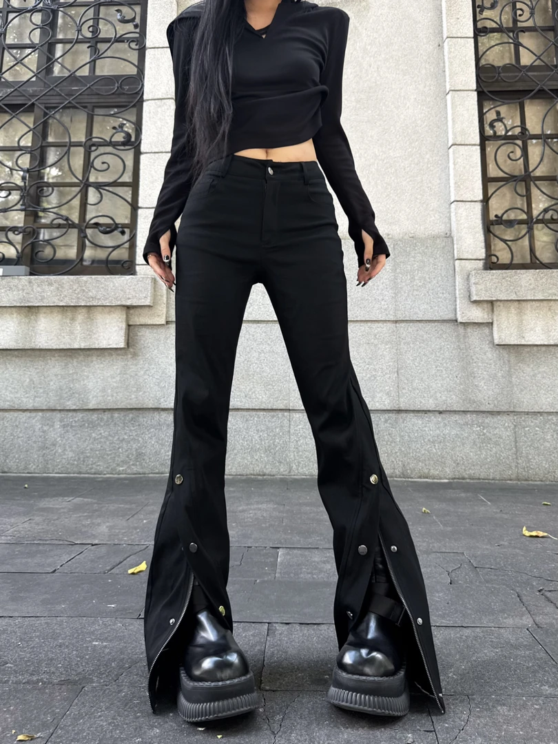 Blackgirl新款【辣妹部落】秋冬百搭高弹力修身显瘦高腰黑色微喇裤