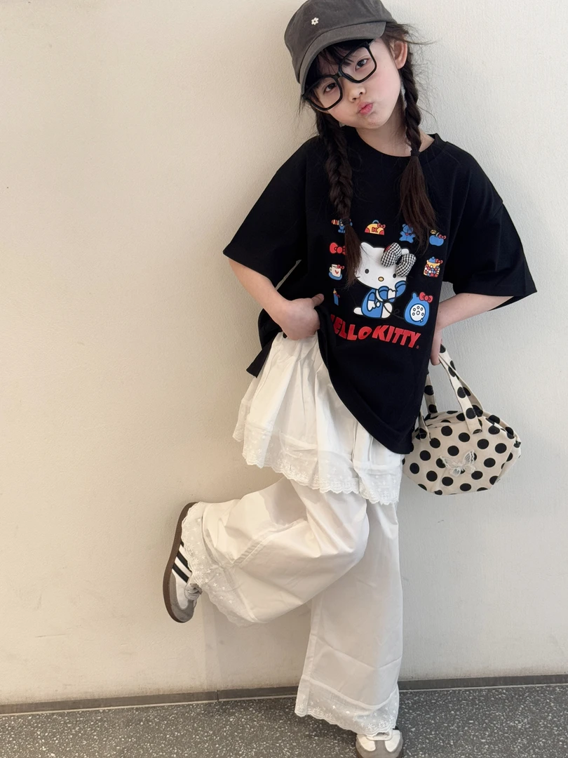 清新kitty卡通T恤2025夏款女童洋气立体蝴蝶结印花宽松短袖25113