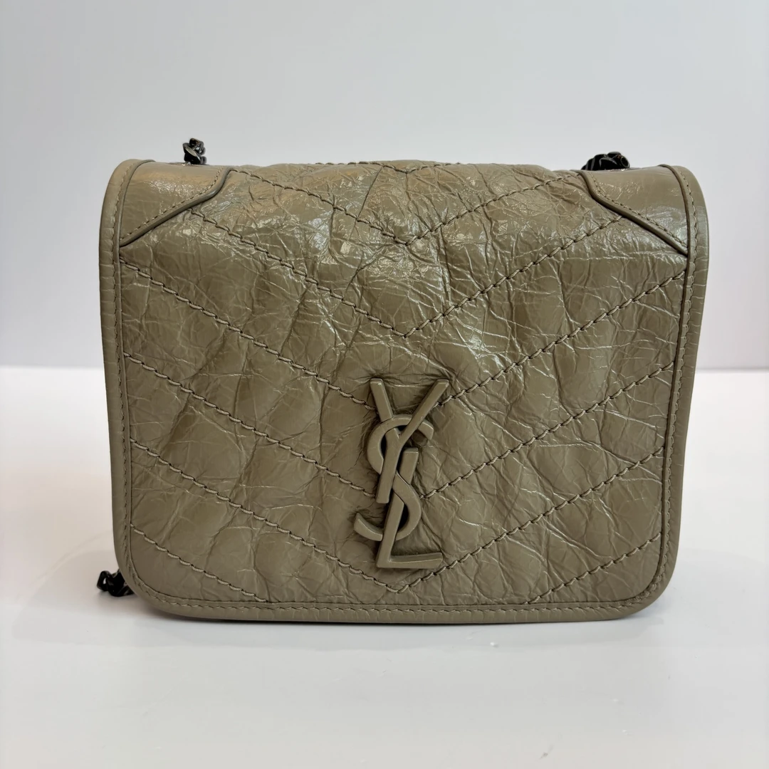 95新 YSL/圣罗兰 Niki mini奶茶色油蜡牛皮链条包 02086