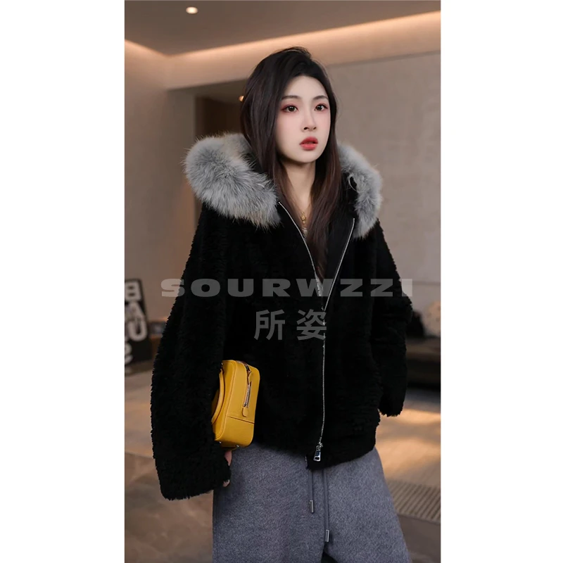 SOURWZZI/所姿100%羊毛连帽貉子毛领时尚休闲女士外套SZ-25801
