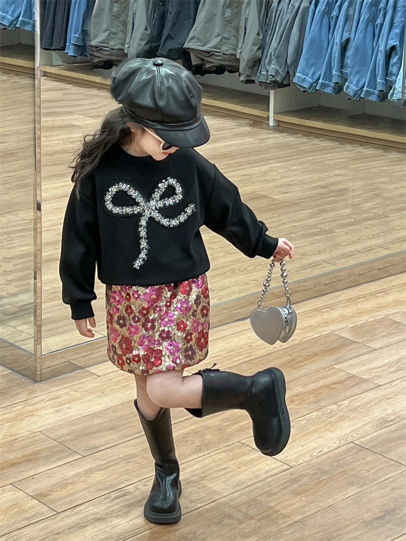 PAOFUPP韩版女童2025春夏甜美亮片卫衣+泫雅彩色亮片安全裙裤套装