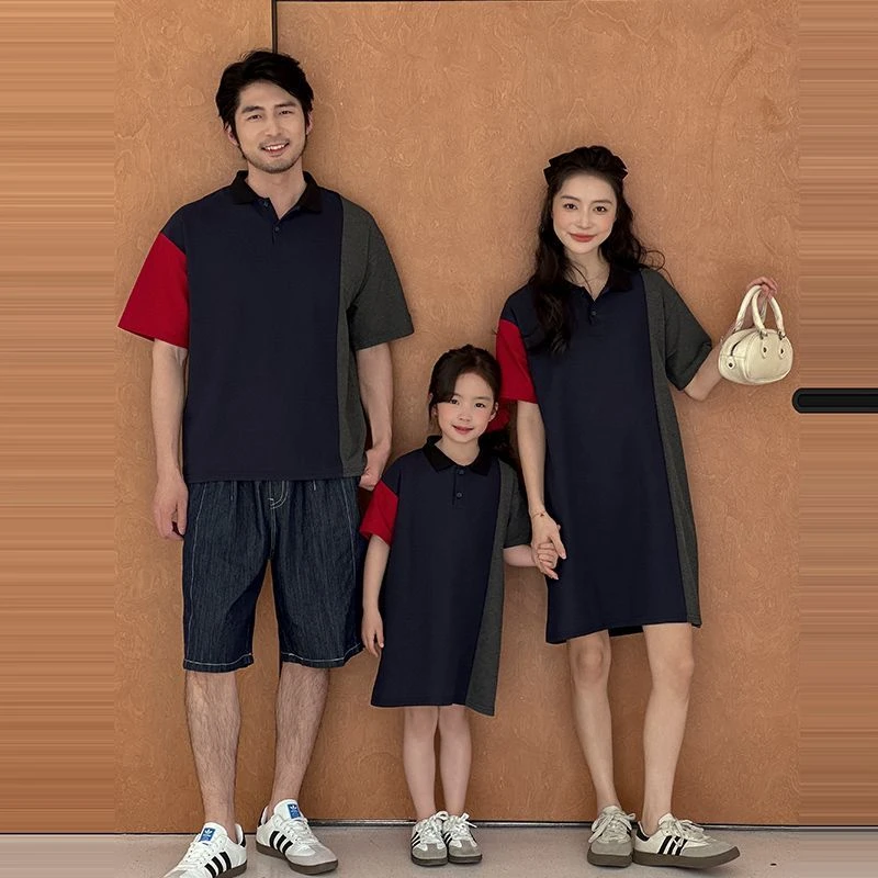 2025新款爆款网红慵懒风夏季撞色一家三口T恤母女长款连衣裙针织