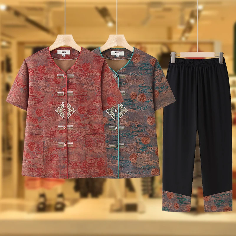 奶奶夏季套装新中式老年人女装衣服小个子70老太太夏装短袖两件套